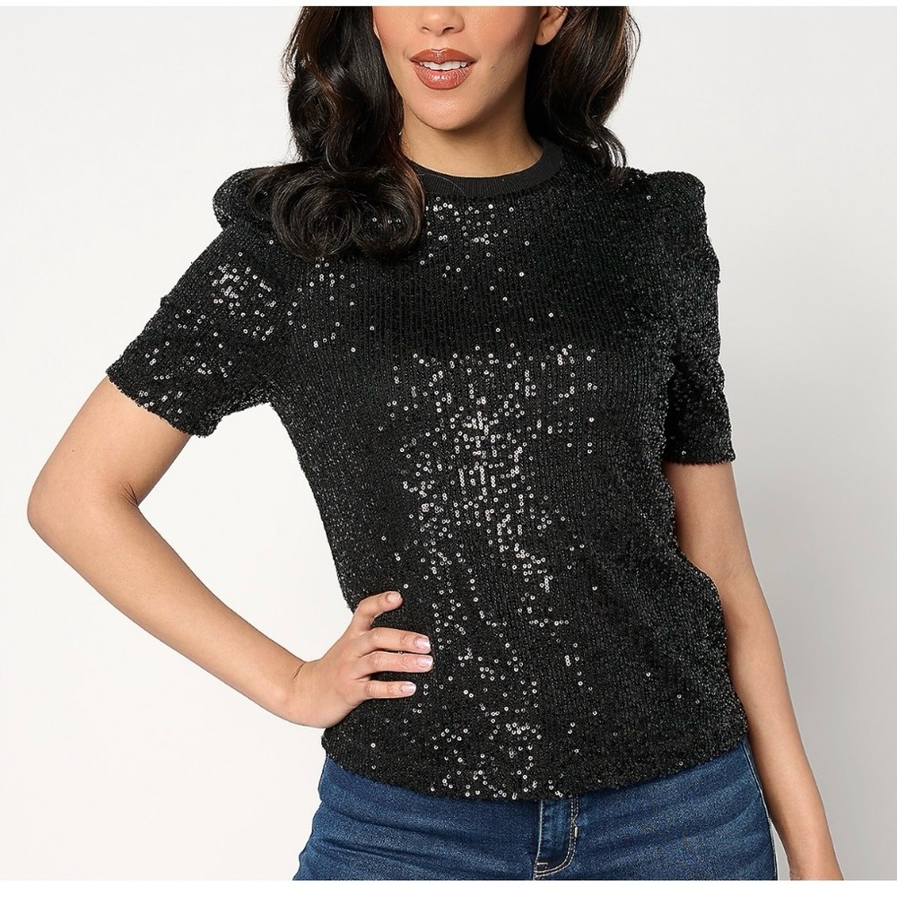 nicole by Nicole Miller Black Sequin Puff Sleeve Top